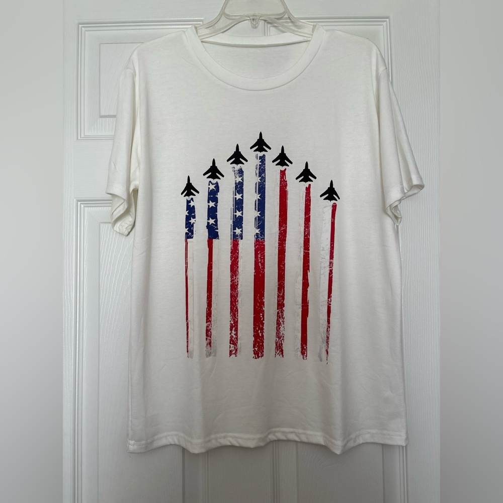 White Graphic T-Shirt with Red and Blue Design